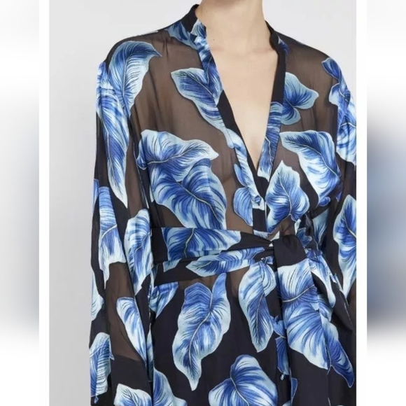 Alice + Olivia Rosario Tie Waist Blue Kimono Silk Blend Top Size Small - Picture 3 of 16